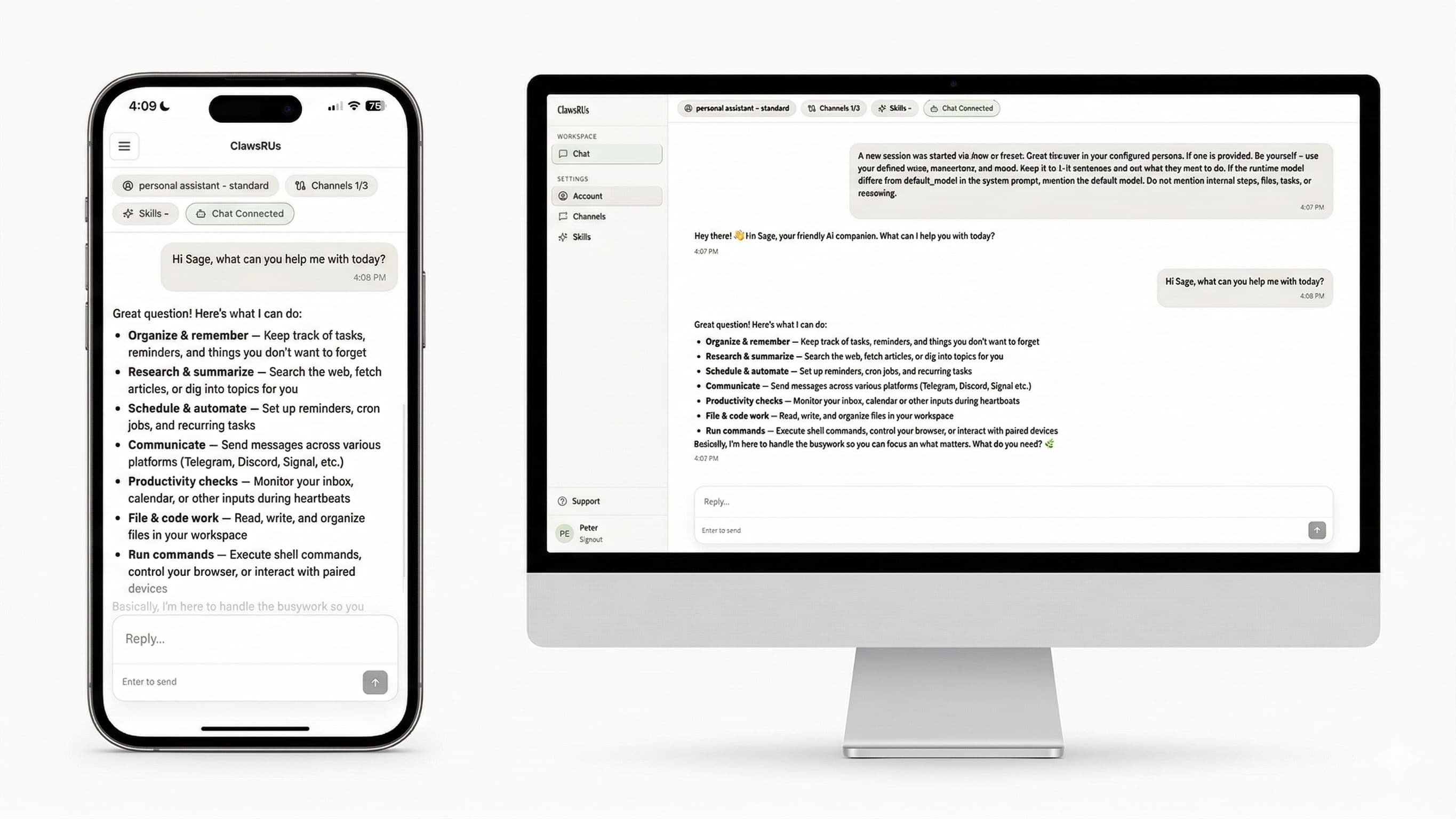 ClawsRUs Dashboard on mobile and desktop — chat interface with sidebar navigation, skill management, and channel connections